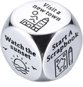 Silver metallic stainless steel food decision dice for couples date night with engraved black text like visit a new town