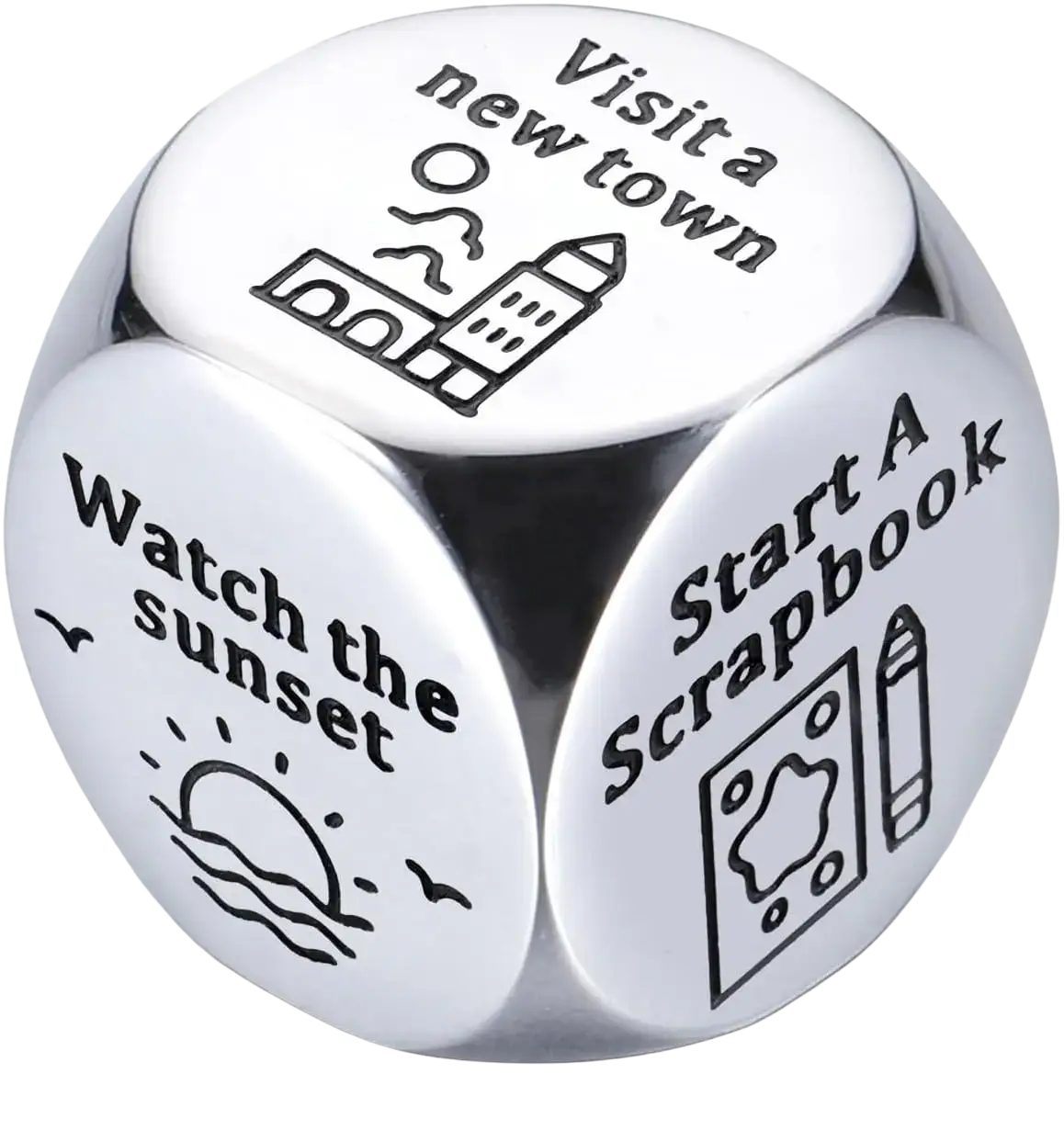 Silver metallic stainless steel food decision dice for couples date night with engraved black text like visit a new town