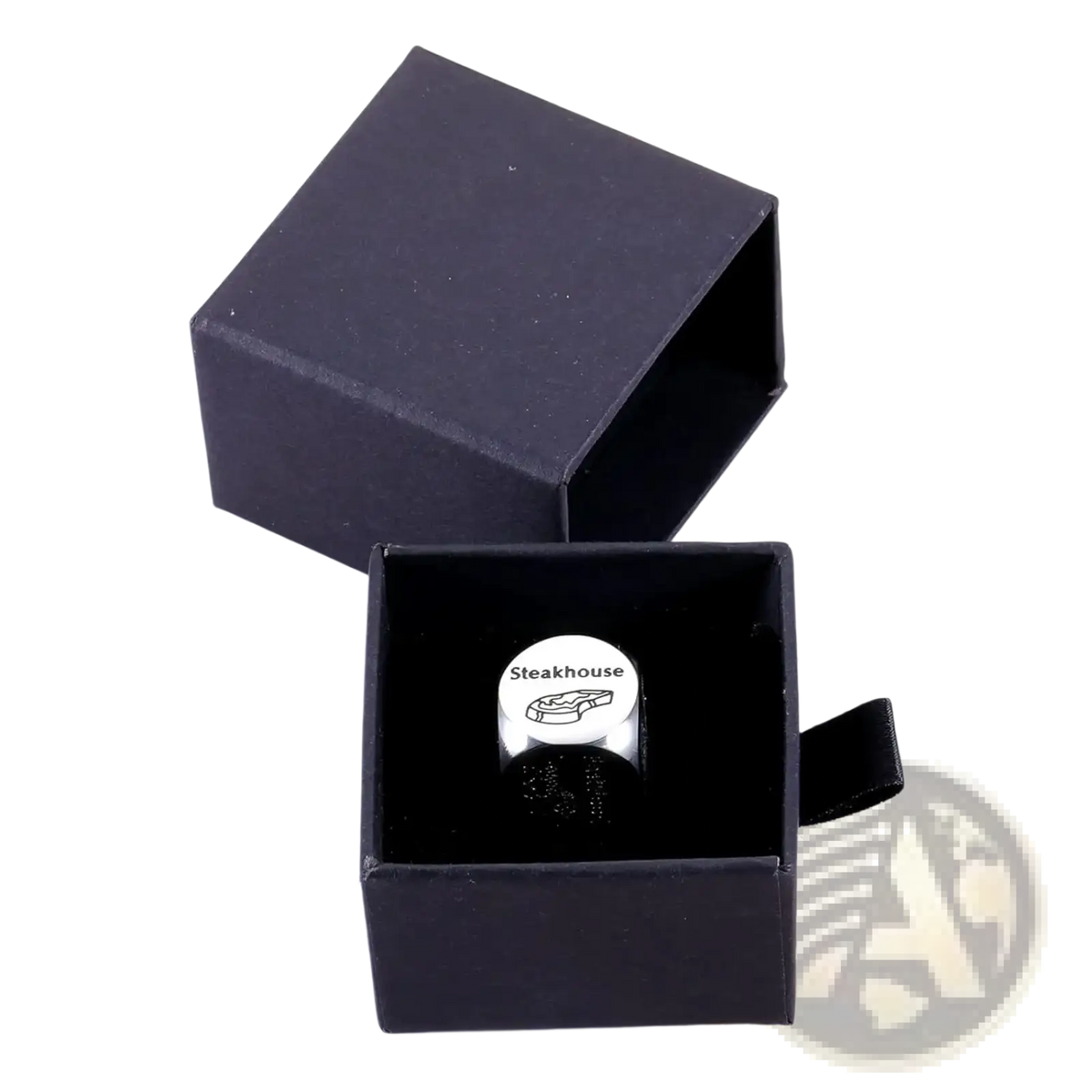 Stainless steel food decision dice for couples date night featuring a silver ring with steakhouse engraving in a black box
