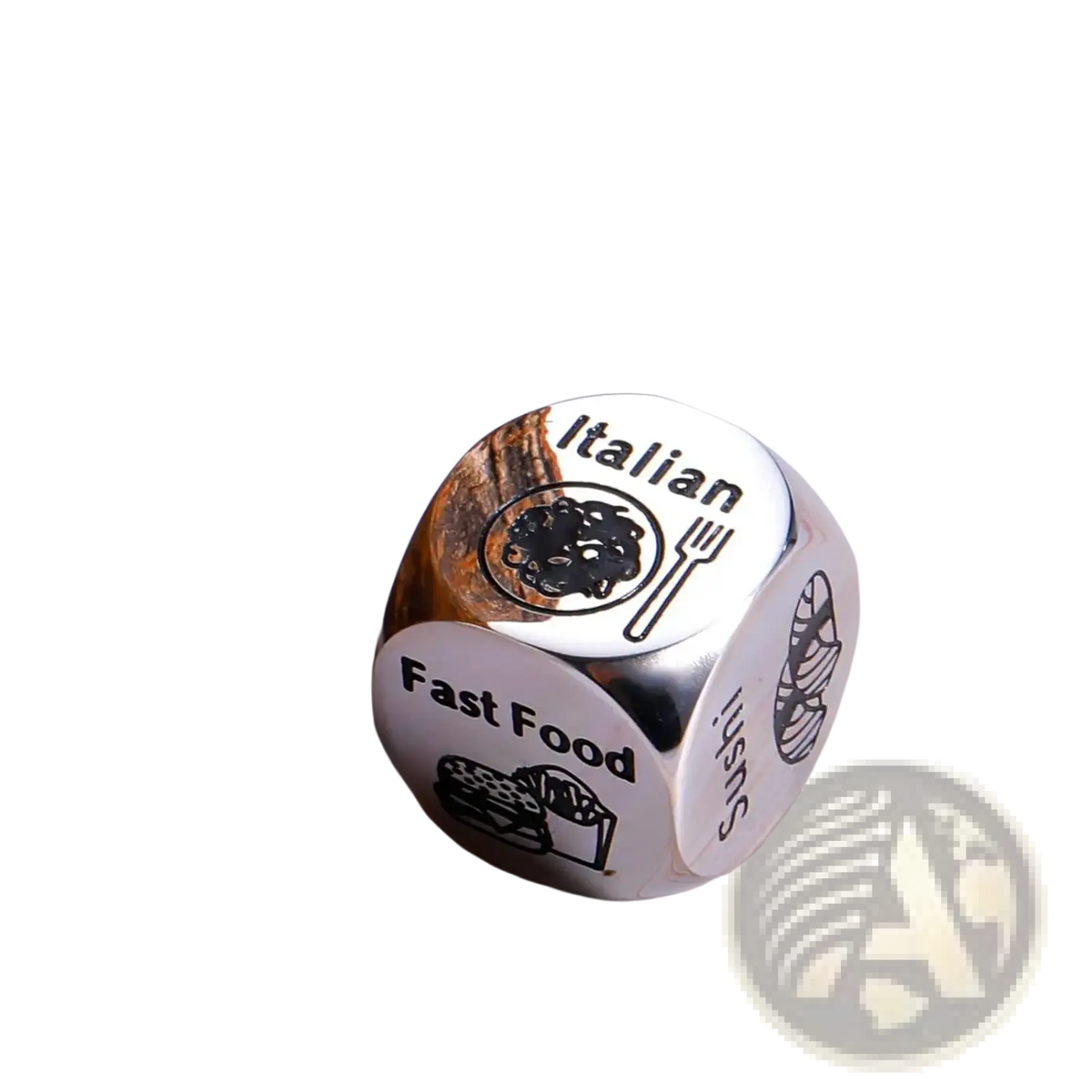 Stainless steel food decision dice for couples date night featuring silver engraved italian fast food and sushi options