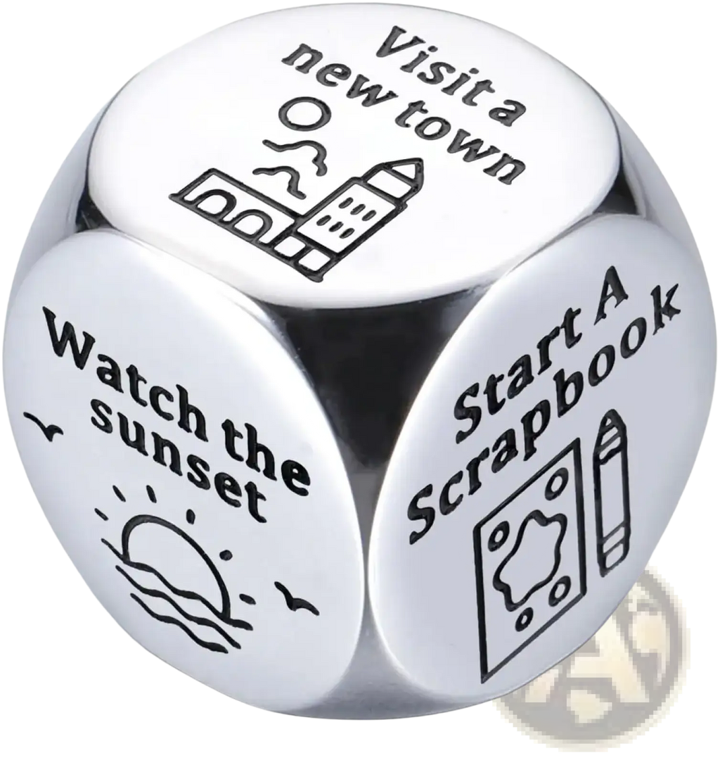 Silver metallic stainless steel food decision dice for couples date night with engraved black text like visit a new town