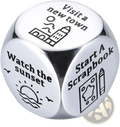 Silver metallic stainless steel food decision dice for couples date night with engraved black text like visit a new town