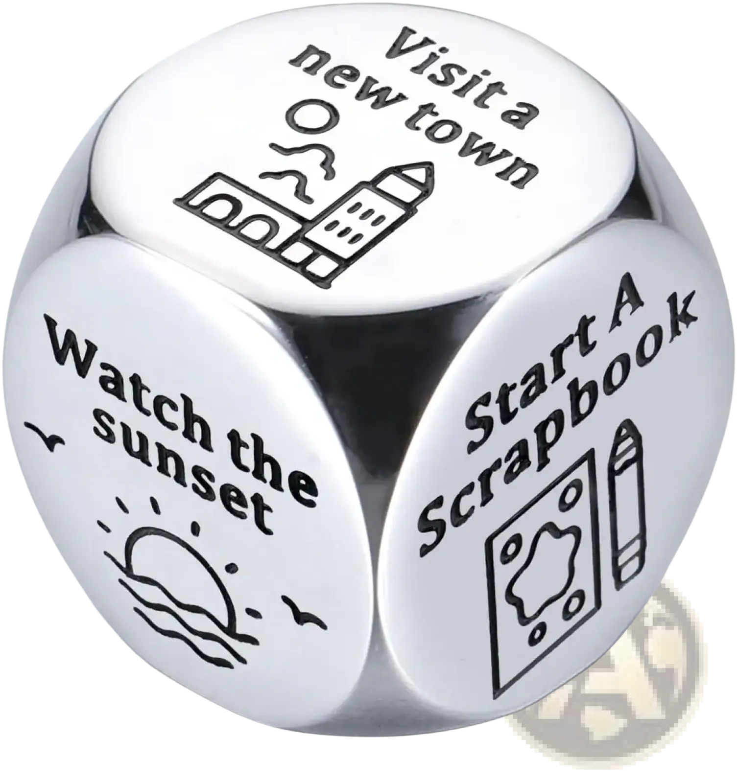 Silver metallic stainless steel food decision dice for couples date night with engraved black text like visit a new town