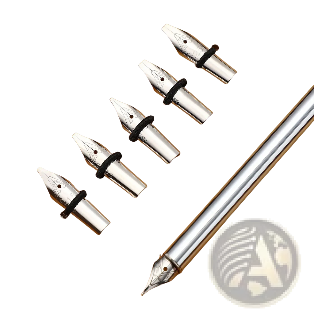 Set of five silver-plated stainless steel fountain pen nibs with black rubber bands displayed with silver-finished pen