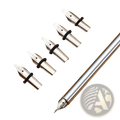 Set of five silver-plated stainless steel fountain pen nibs with black rubber bands displayed with silver-finished pen