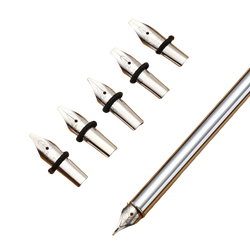 Set of five silver-plated stainless steel fountain pen nibs with black rubber bands displayed with silver-finished pen