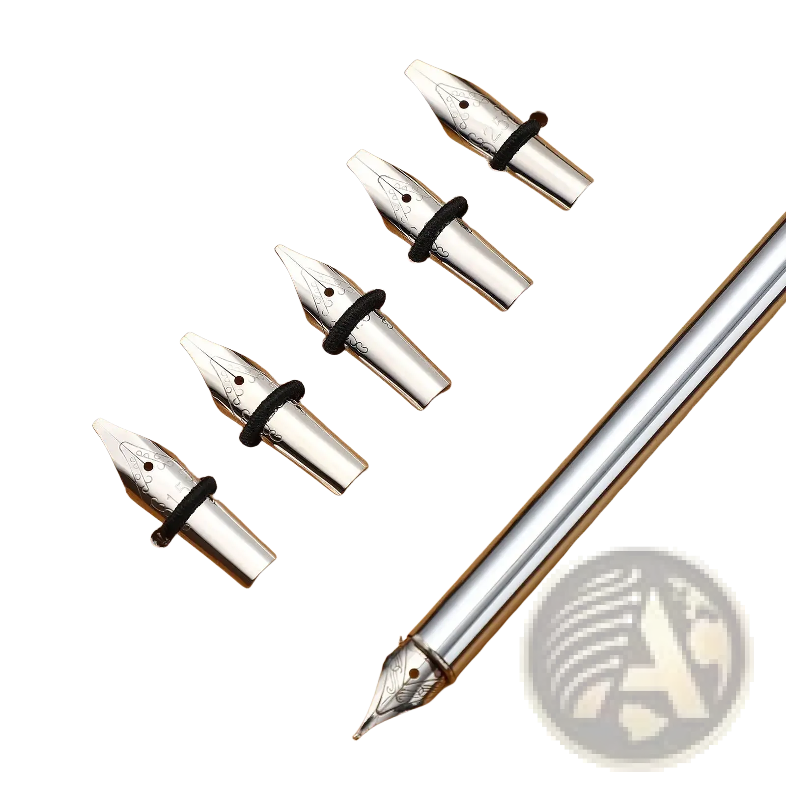 Set of five silver-plated stainless steel fountain pen nibs with black rubber bands displayed with silver-finished pen
