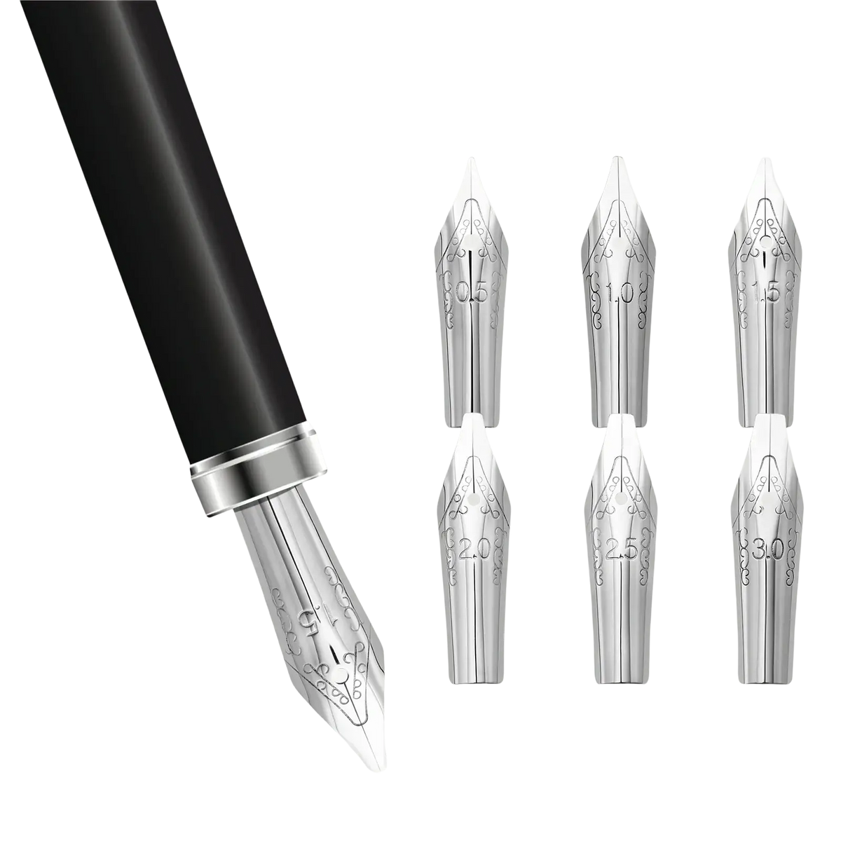 Silver stainless steel fountain pen nib set with engraved decorative patterns displayed next to black pen barrel
