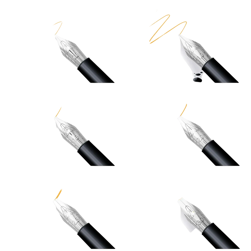 Stainless steel fountain pen nib set with silver finishes and black barrels featuring tip widths from 0.5 to 3.0 mm