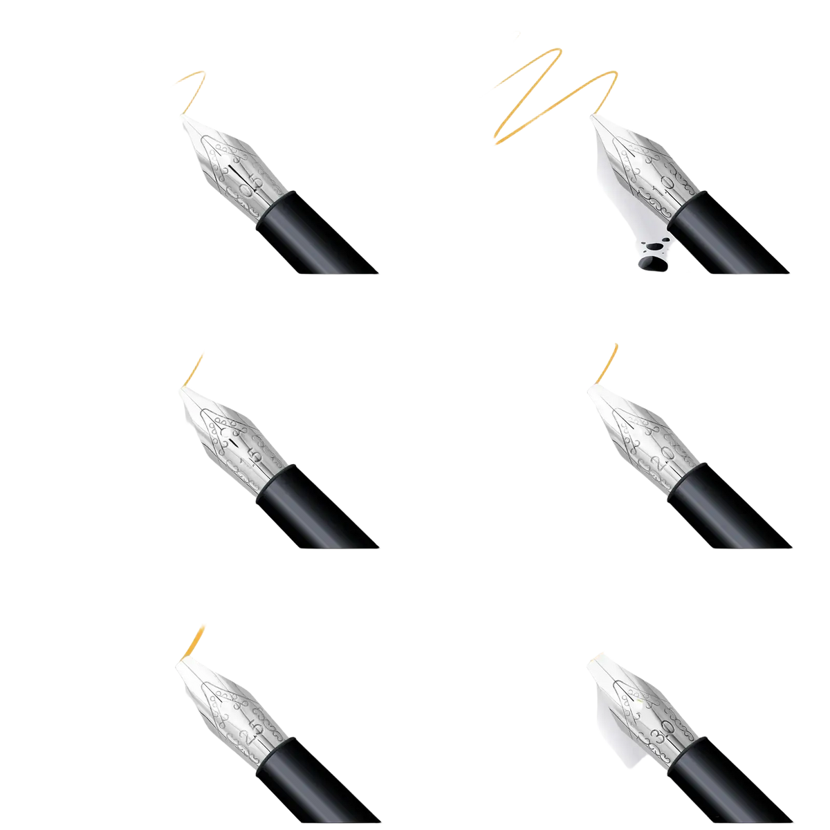 Stainless steel fountain pen nib set with silver finishes and black barrels featuring tip widths from 0.5 to 3.0 mm