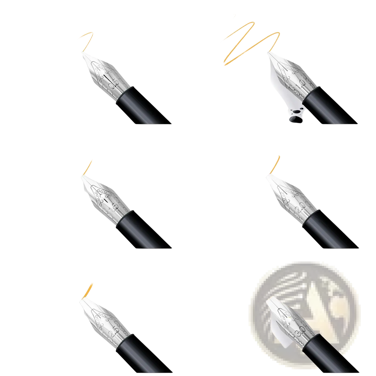 Stainless steel fountain pen nib set with silver finishes and black barrels featuring tip widths from 0.5 to 3.0 mm