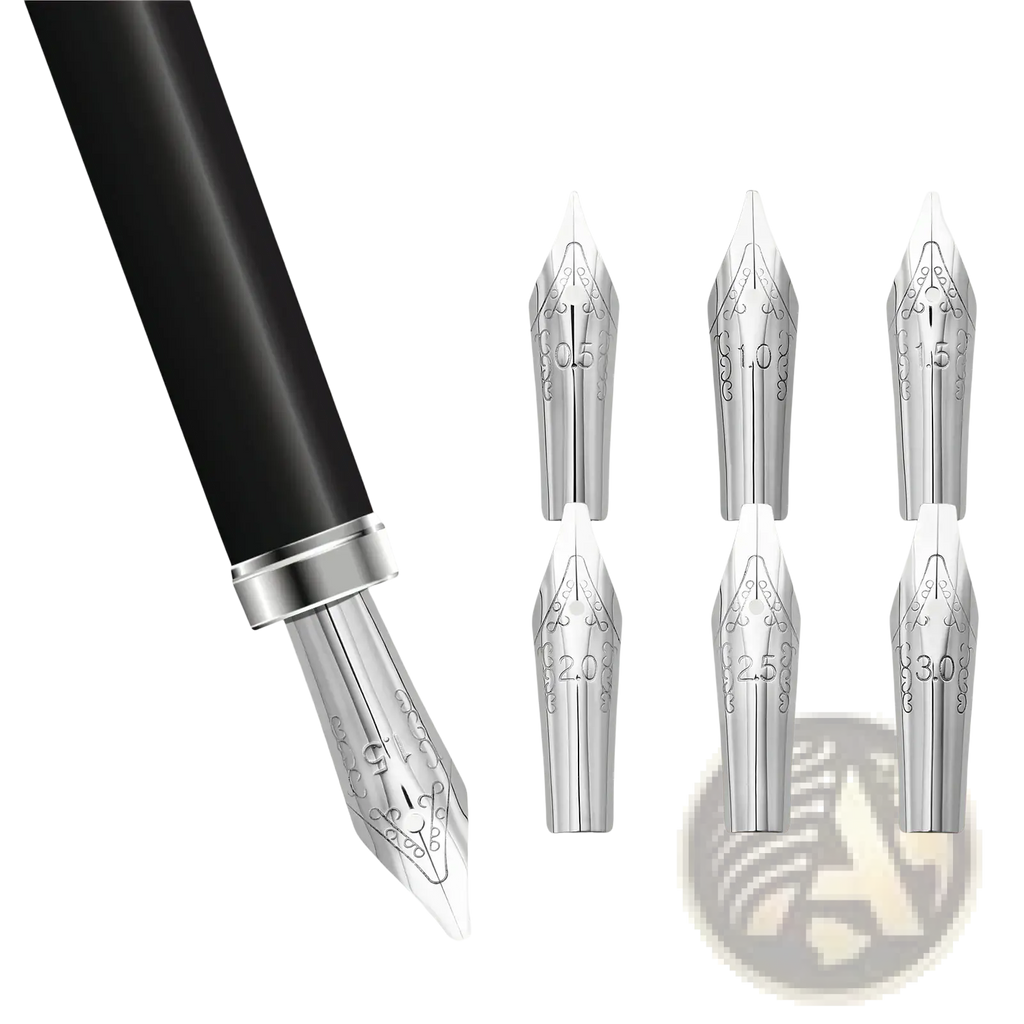 Silver stainless steel fountain pen nib set with engraved decorative patterns displayed next to black pen barrel