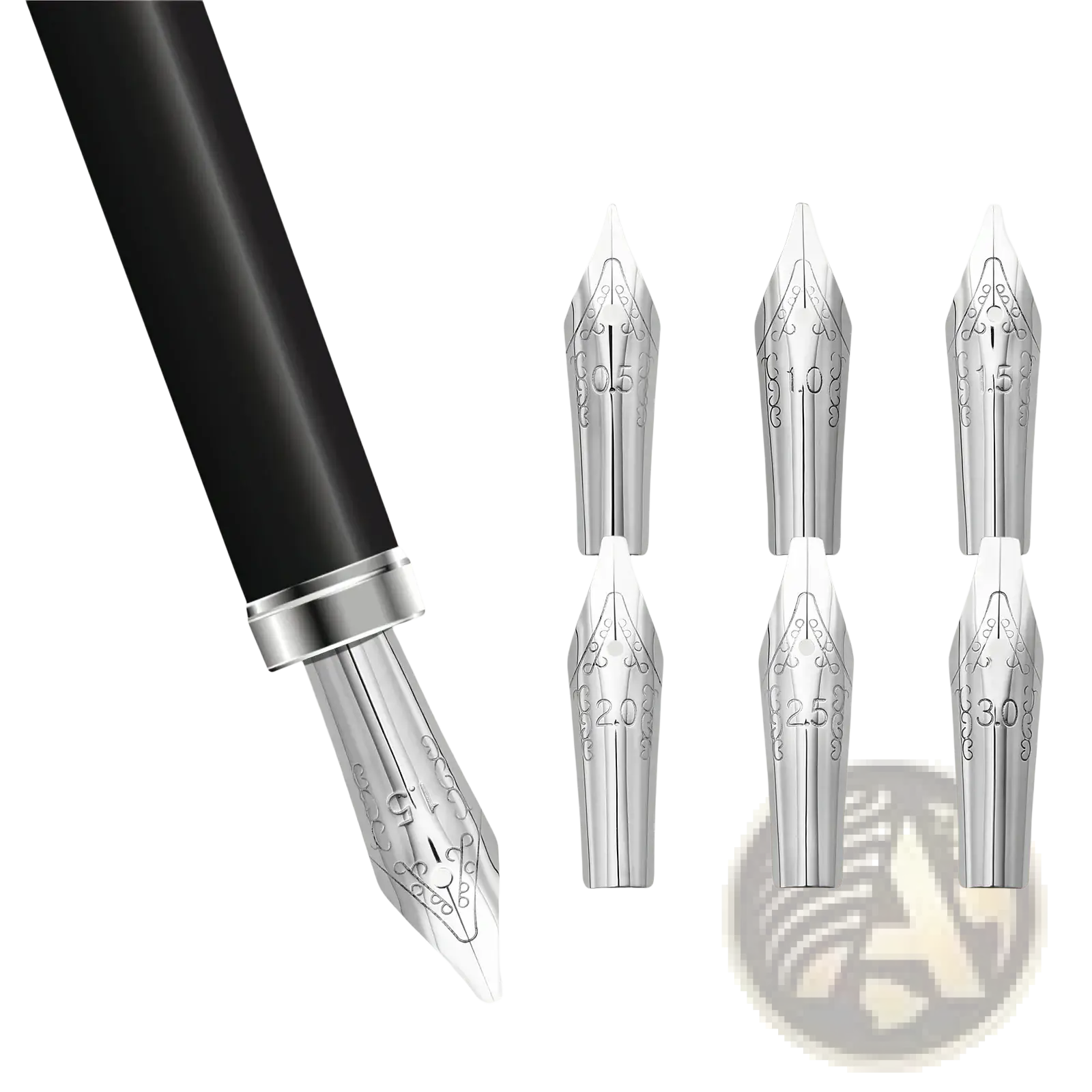 Silver stainless steel fountain pen nib set with engraved decorative patterns displayed next to black pen barrel