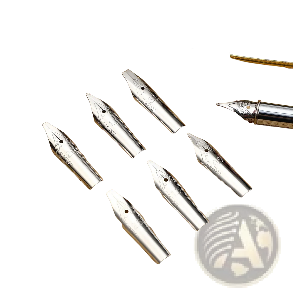 Silver stainless steel fountain pen nib set with intricate engravings displayed with black and gold fountain pen