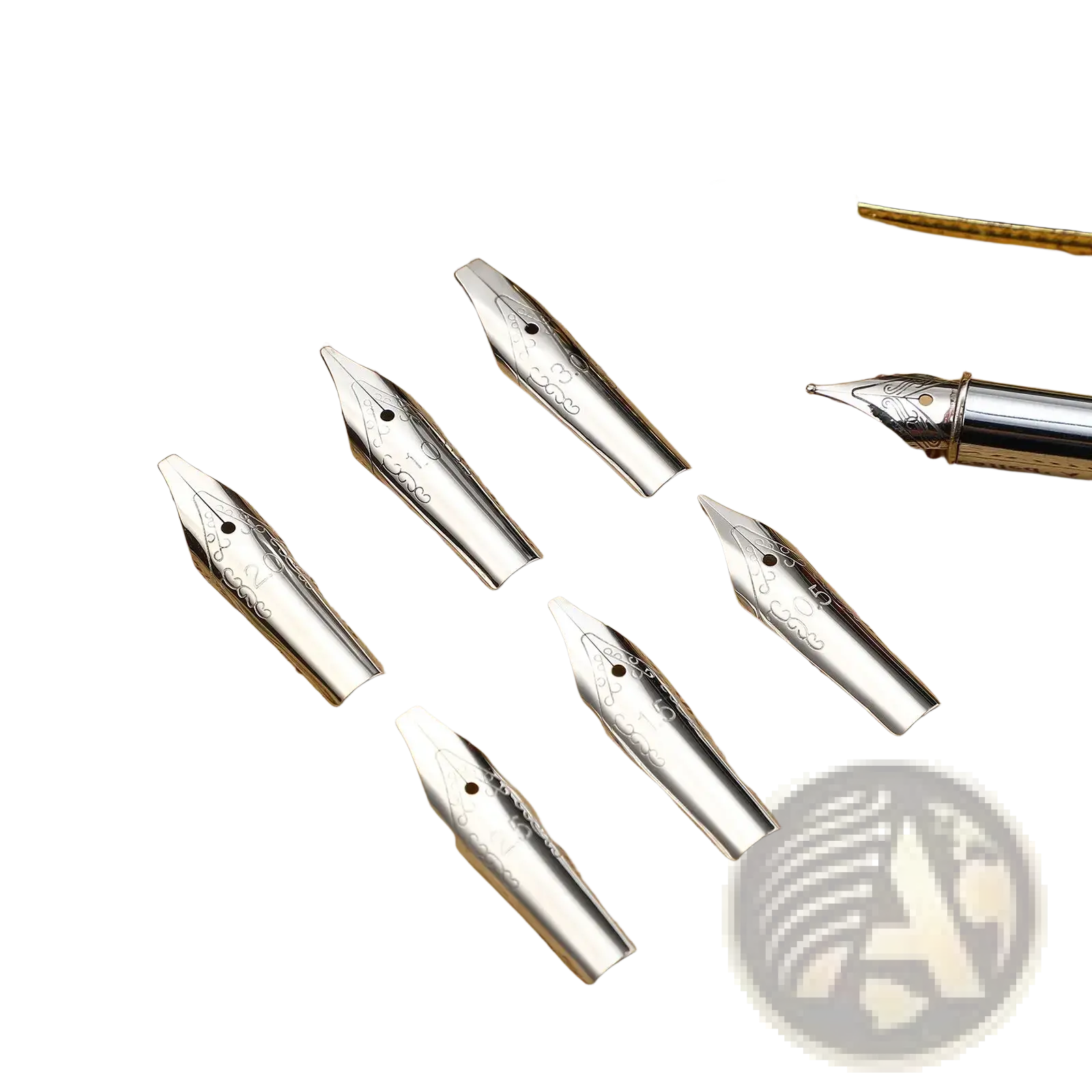 Silver stainless steel fountain pen nib set with intricate engravings displayed with black and gold fountain pen