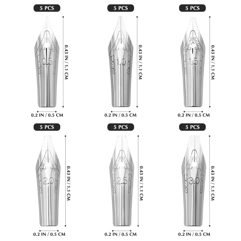 Set of six silver stainless steel fountain pen nibs engraved with size designations and decorative patterns