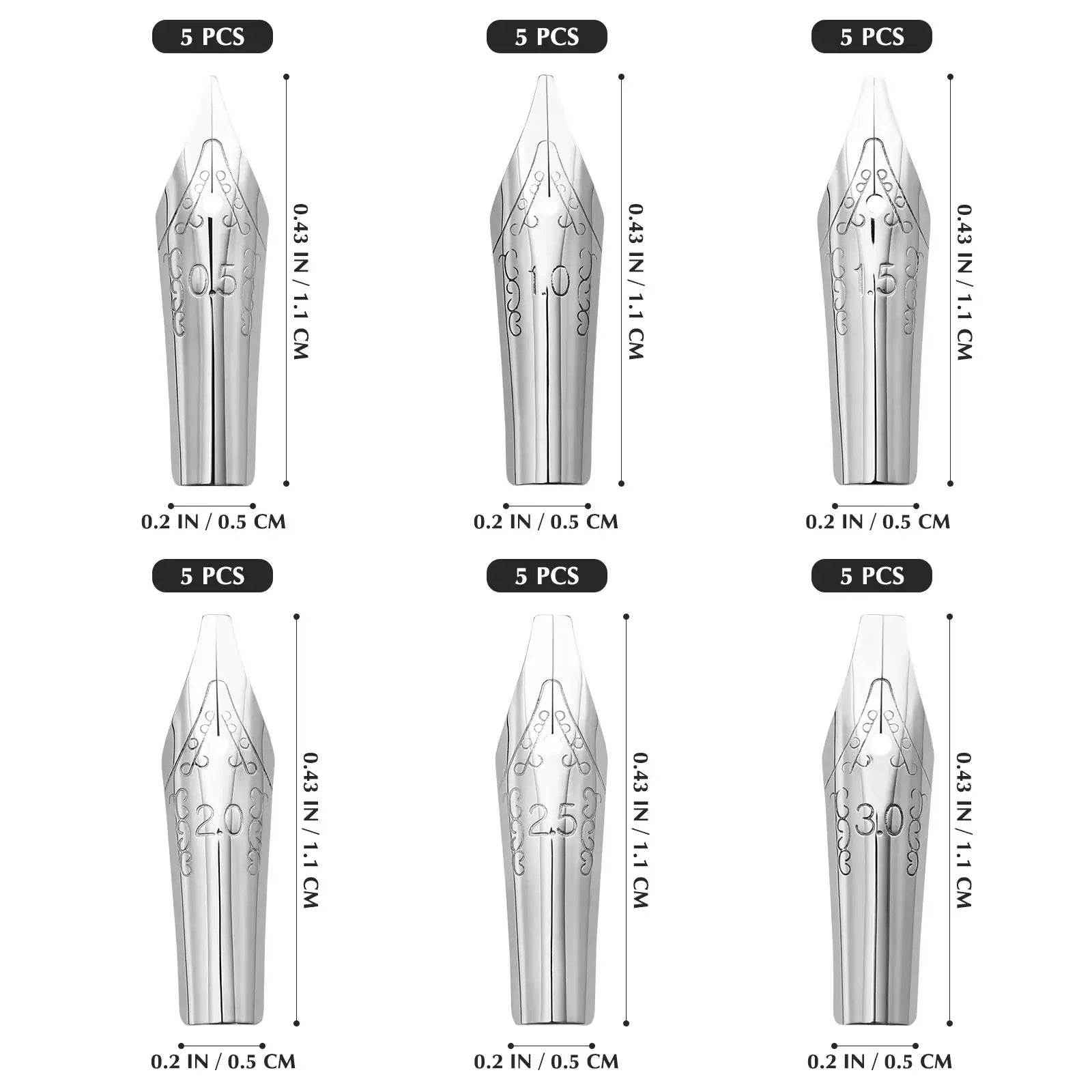 Set of six silver stainless steel fountain pen nibs engraved with size designations and decorative patterns