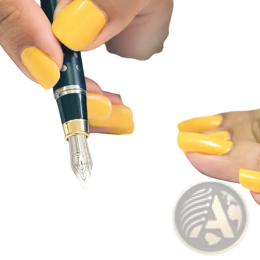 A sleek black stainless steel fountain pen with gold accents and a detailed silver nib held by yellow nails