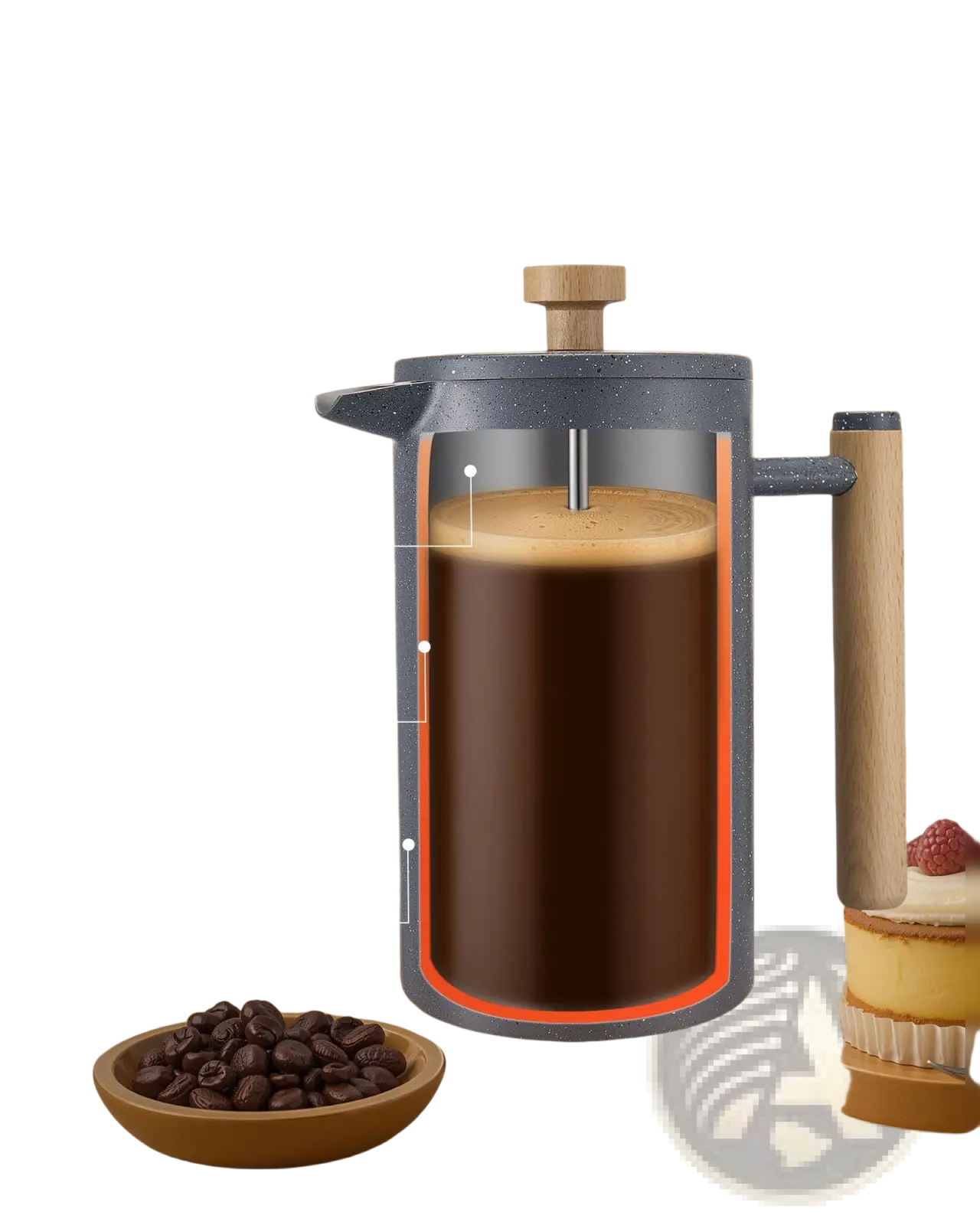 Gray speckled stainless steel french press 34oz with double wall vacuum insulation and wooden handle and knob