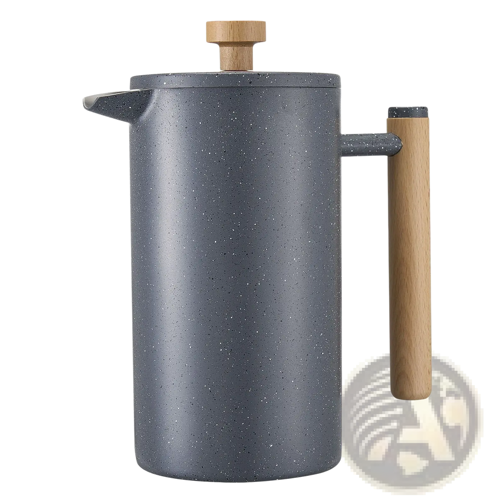 Gray speckled ceramic french press with natural wood handle and lid knob for stainless steel double wall 34oz coffee brewing