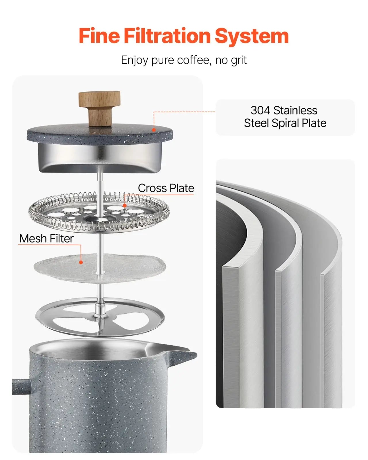 Gray speckled 304 stainless steel french press 34oz double wall with wooden handle and black accents for coffee brewing