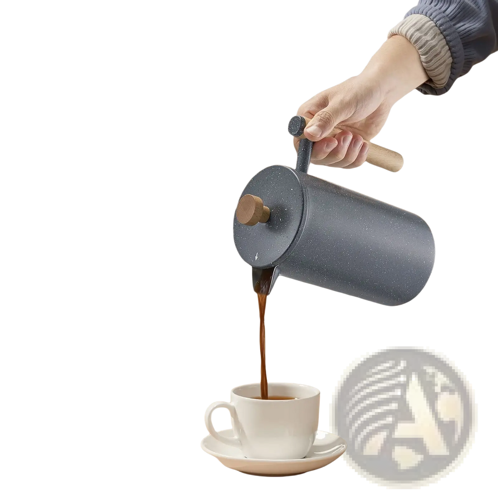 Gray speckled ceramic french press with wooden handle and knob stainless steel double wall 34oz black design