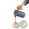 Gray speckled ceramic french press with wooden handle and knob stainless steel double wall 34oz black design