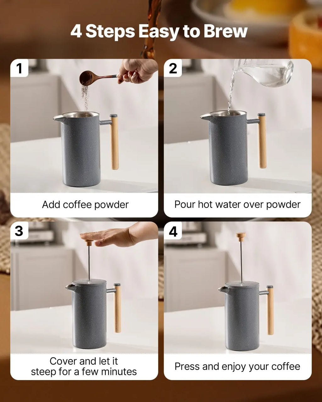 Gray ceramic french press with wooden handles and metal plunger for stainless steel double wall 34oz black model