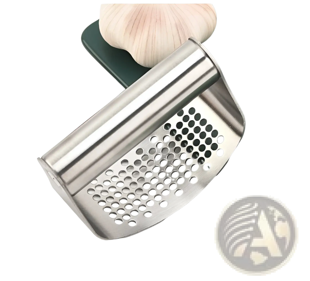 Stainless steel garlic press curved masher utensil with sleek curved design and evenly spaced circular perforations