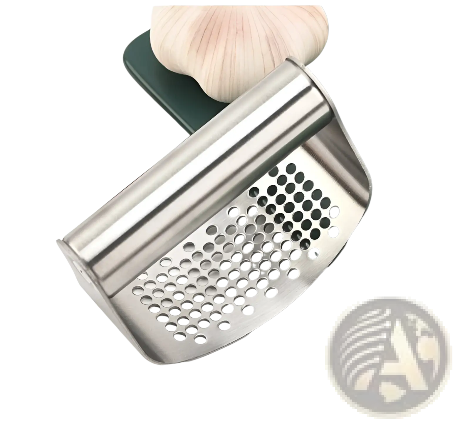 Stainless steel garlic press curved masher utensil with sleek curved design and evenly spaced circular perforations