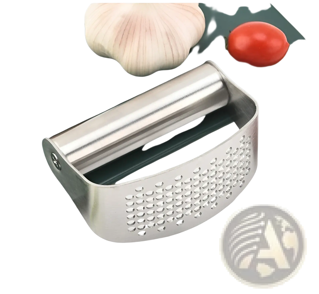Stainless steel garlic press with sleek curved design and perforated grating surface for easy garlic mashing