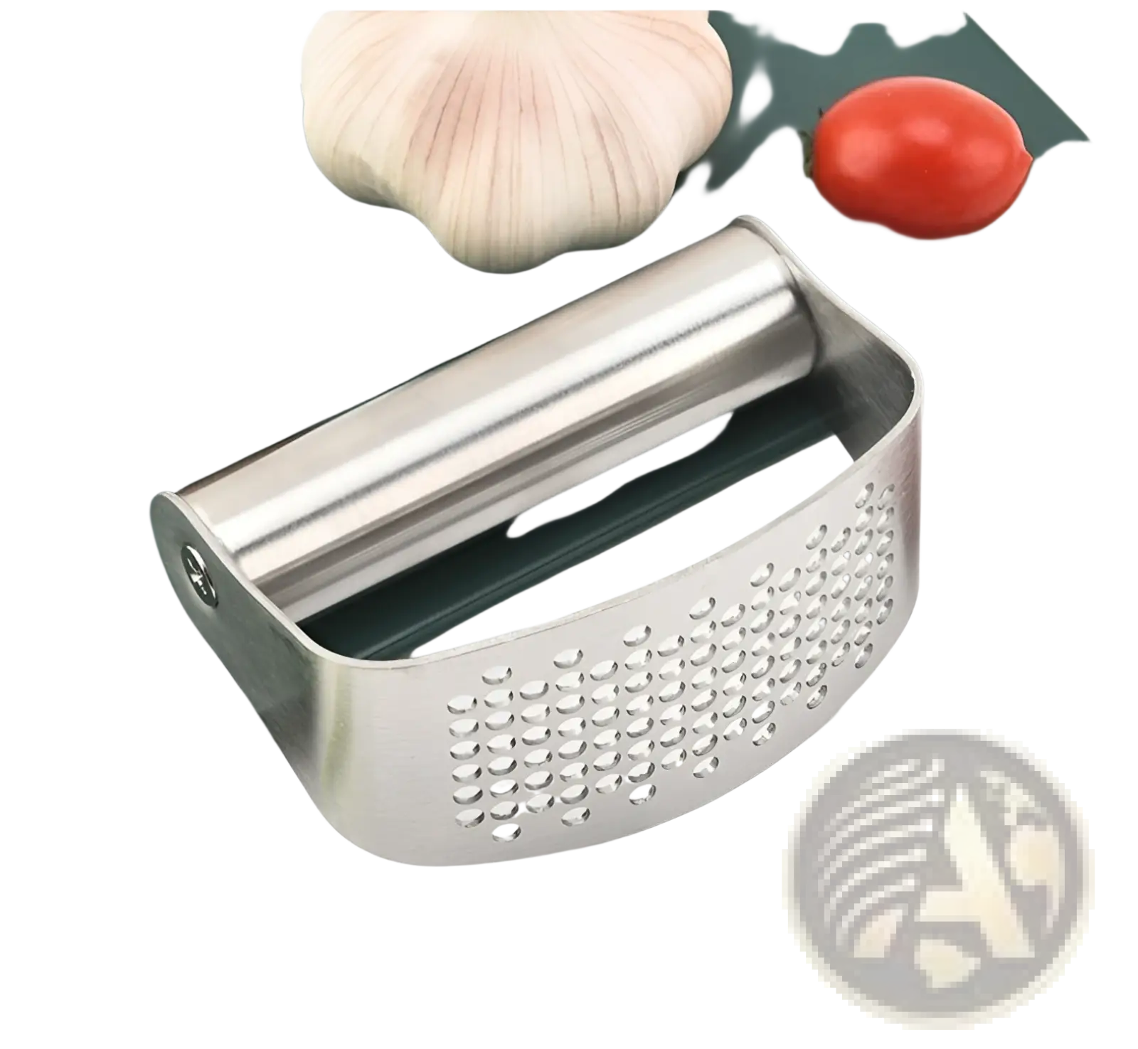 Stainless steel garlic press with sleek curved design and perforated grating surface for easy garlic mashing