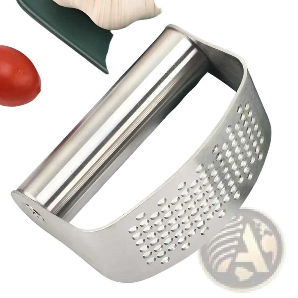 Stainless steel garlic press curved masher utensil with sleek polished finish and evenly spaced perforations on its body