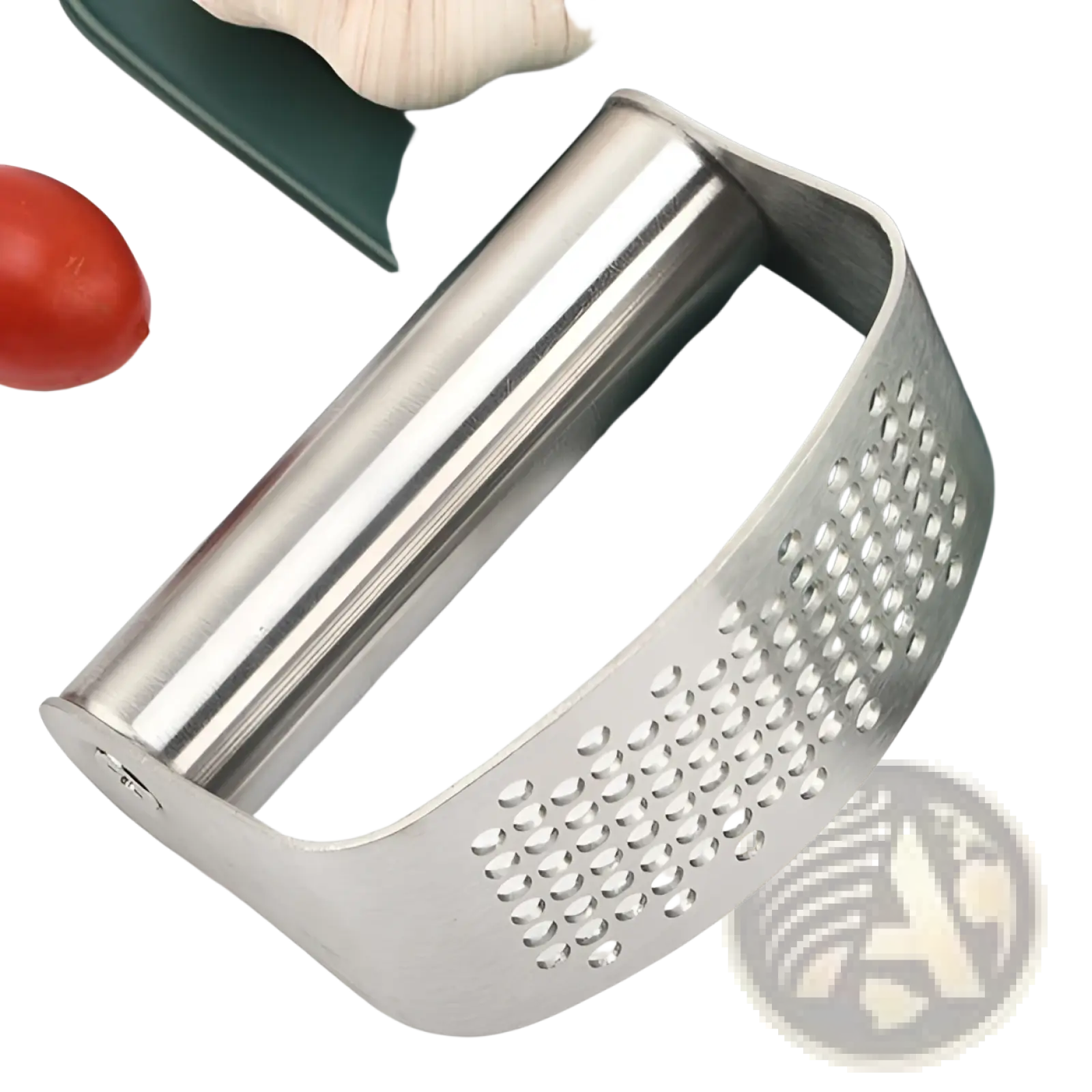 Stainless steel garlic press curved masher utensil with sleek polished finish and evenly spaced perforations on its body