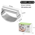 A sleek curved stainless steel garlic press with a perforated surface and ergonomic handle for easy mashing