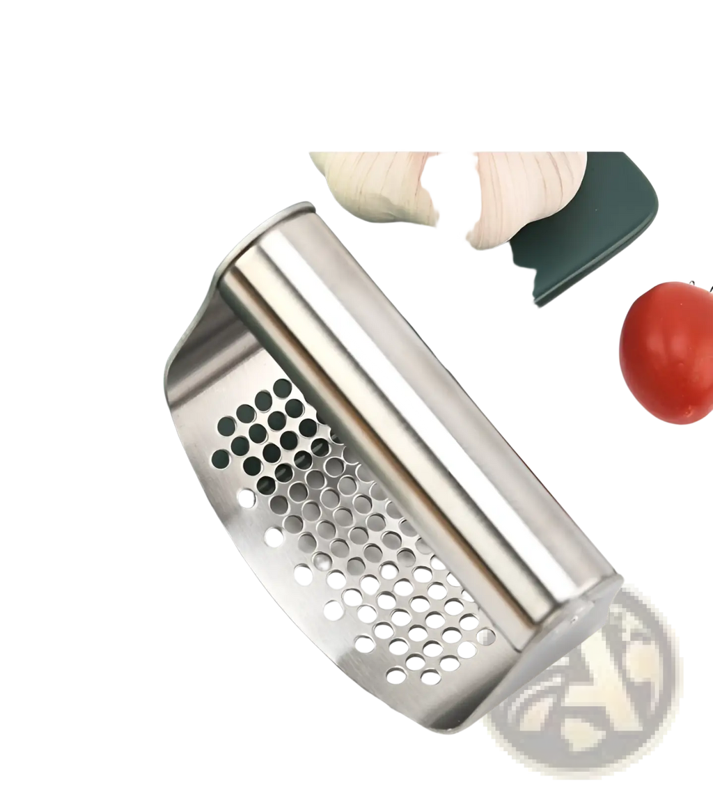 Stainless steel garlic press with a sleek curved design and evenly spaced circular perforations for easy crushing