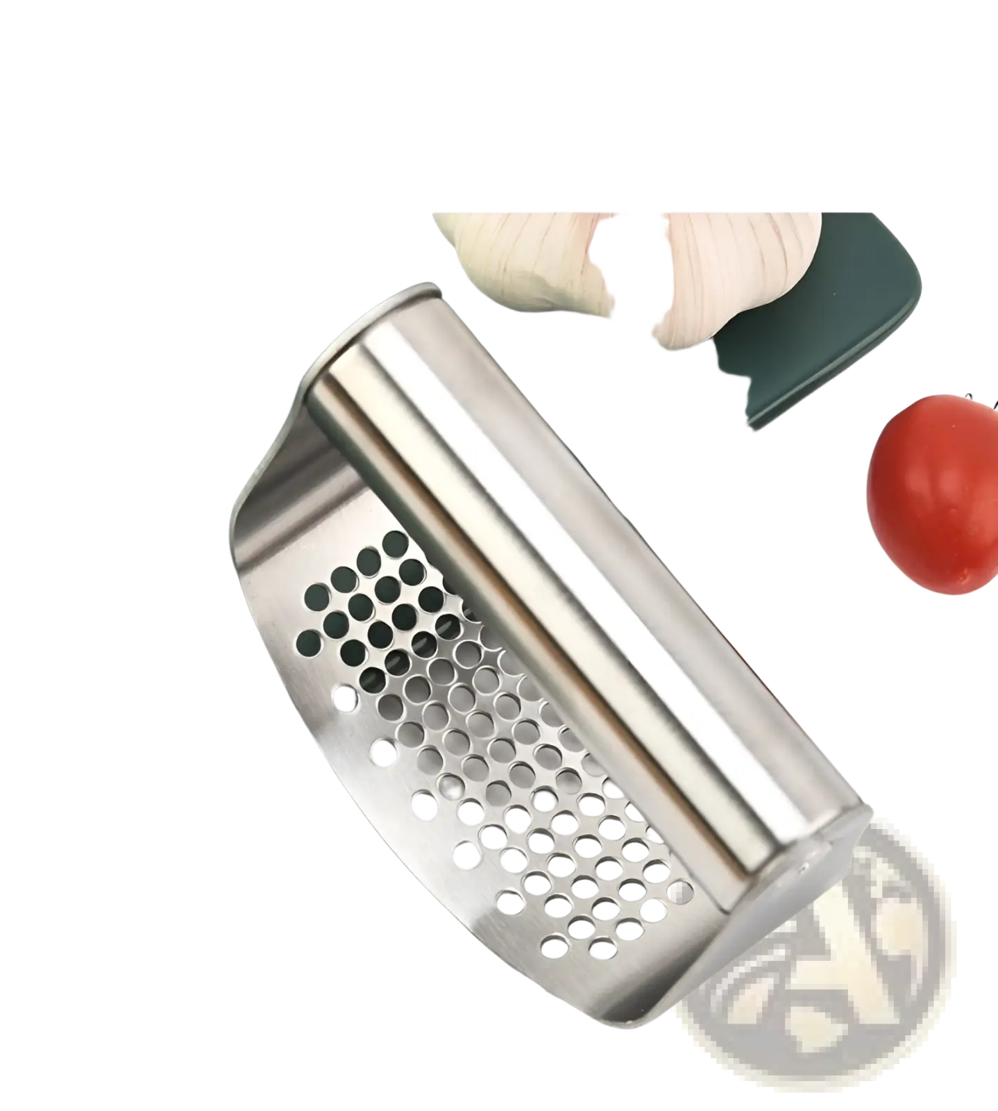 Stainless steel garlic press with a sleek curved design and evenly spaced circular perforations for easy crushing