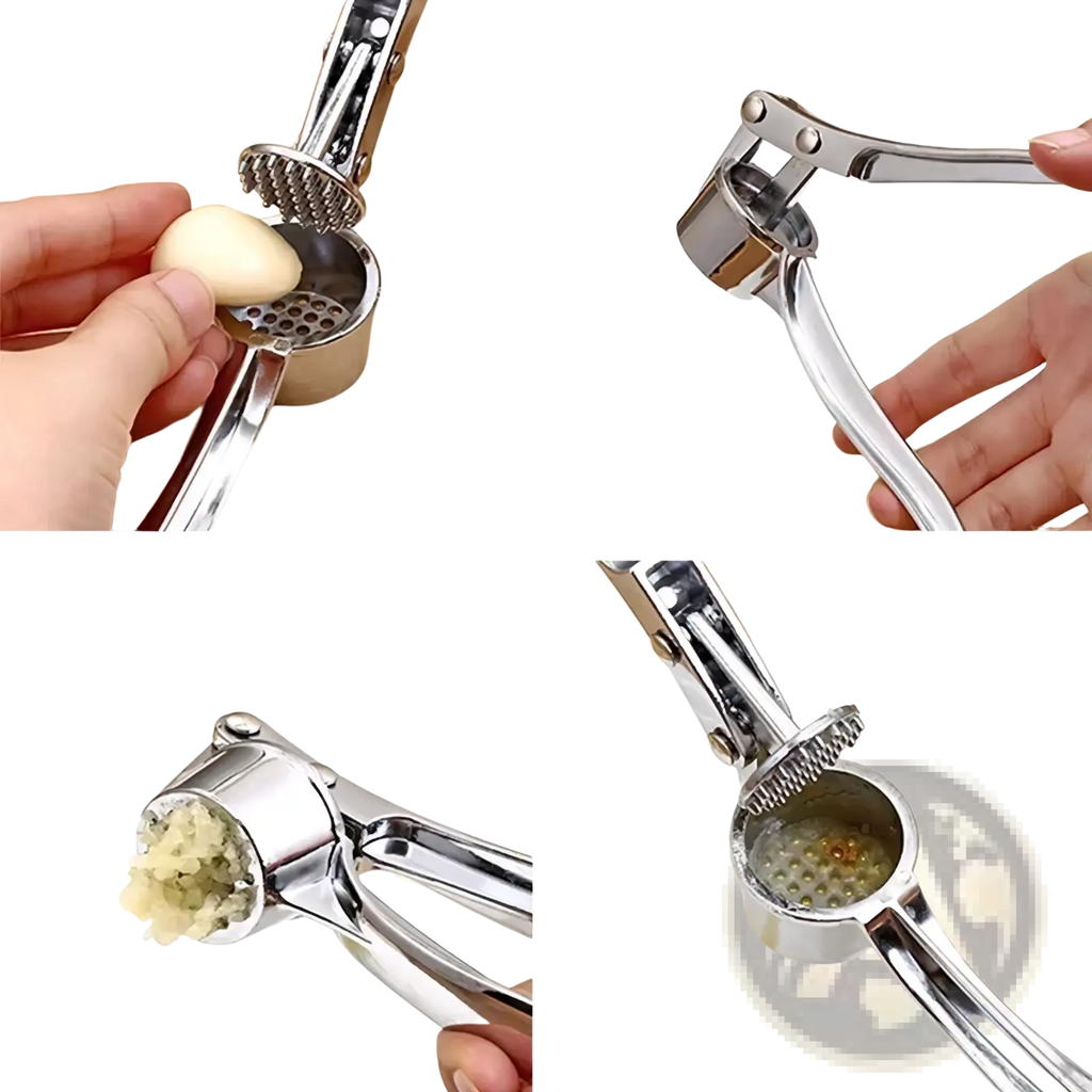 Stainless steel garlic press mincer tool with shiny finish textured grinding surface and ergonomic handles for easy use