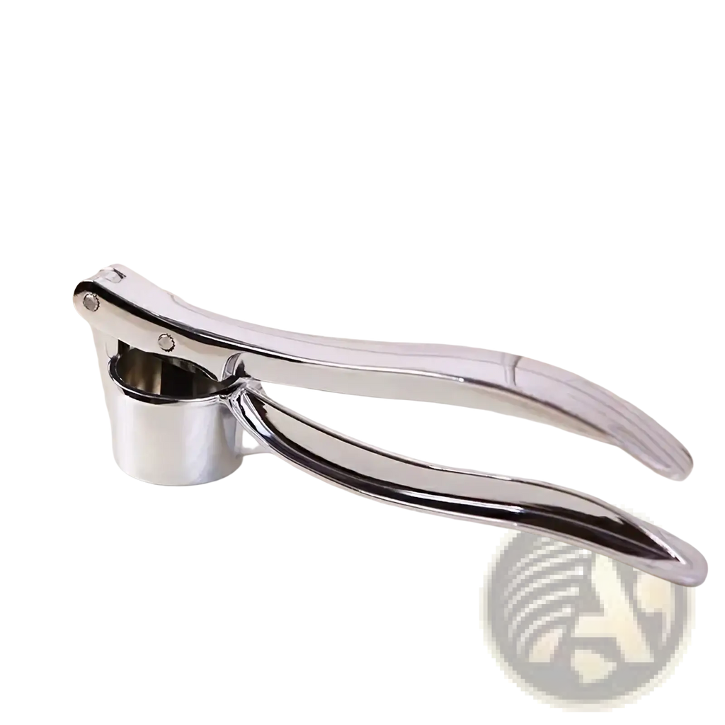 Stainless steel garlic press mincer tool with shiny finish, sleek curved handles, and cylindrical crushing chamber