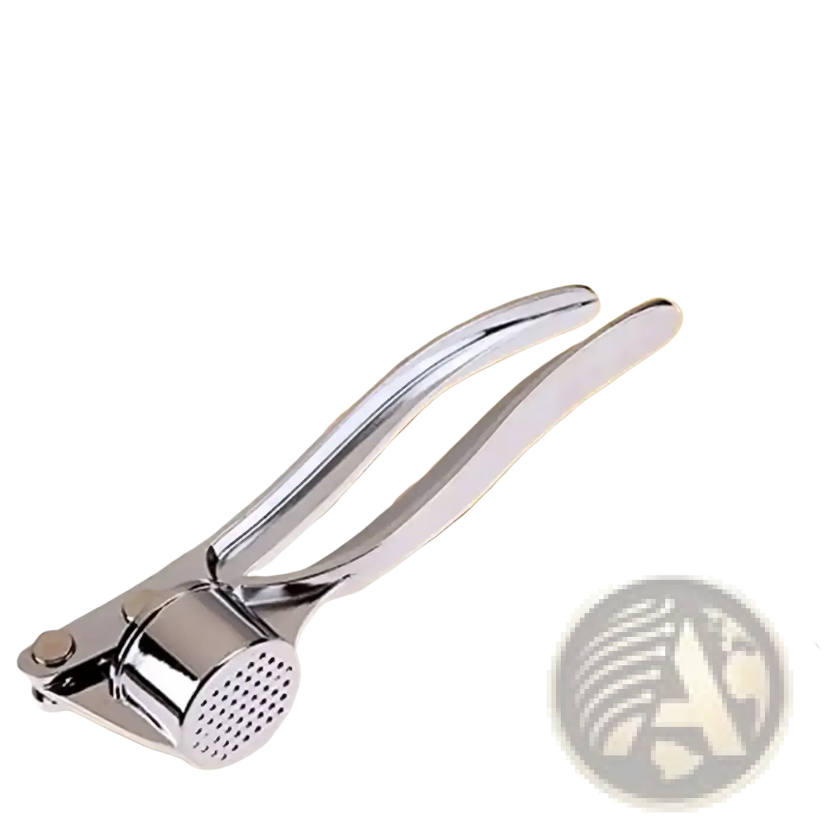 Stainless steel garlic press mincer tool with shiny finish and perforated crushing plate for easy garlic pressing