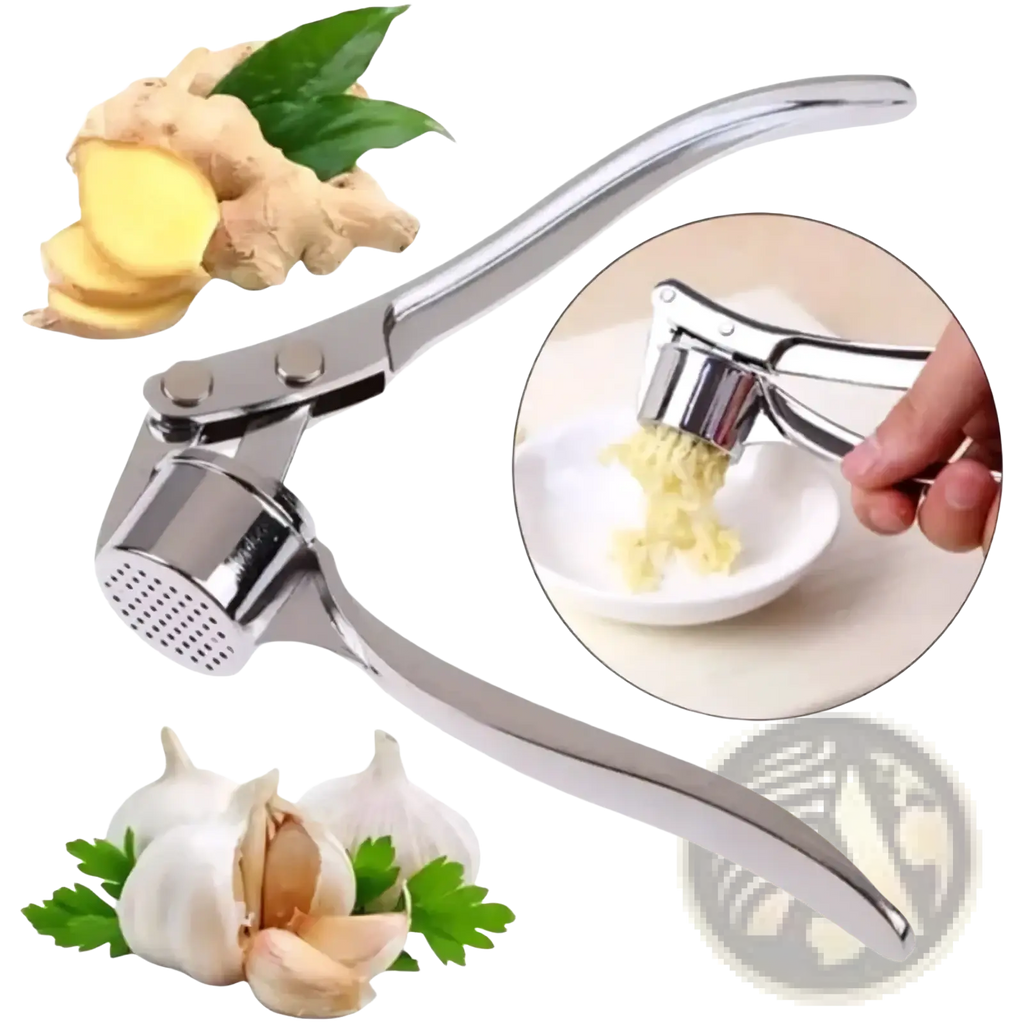 Stainless steel garlic press mincer tool with shiny perforated crushing head and ergonomic handles for easy use