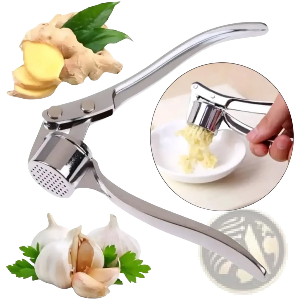 Stainless steel garlic press mincer tool with shiny perforated crushing head and ergonomic handles for easy use