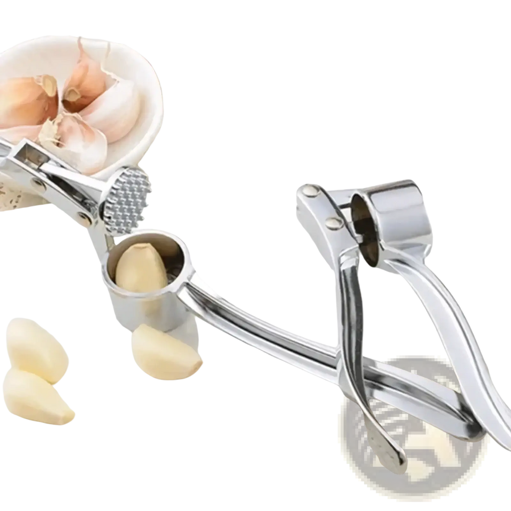 Stainless steel garlic press mincer tool with shiny finish textured grinding surface and ergonomic handles