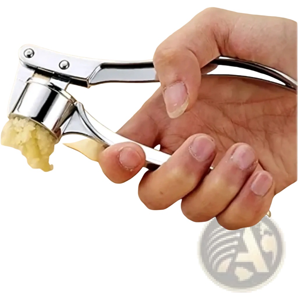 Stainless steel garlic press mincer tool with shiny finish and sleek ergonomic design for efficient crushing