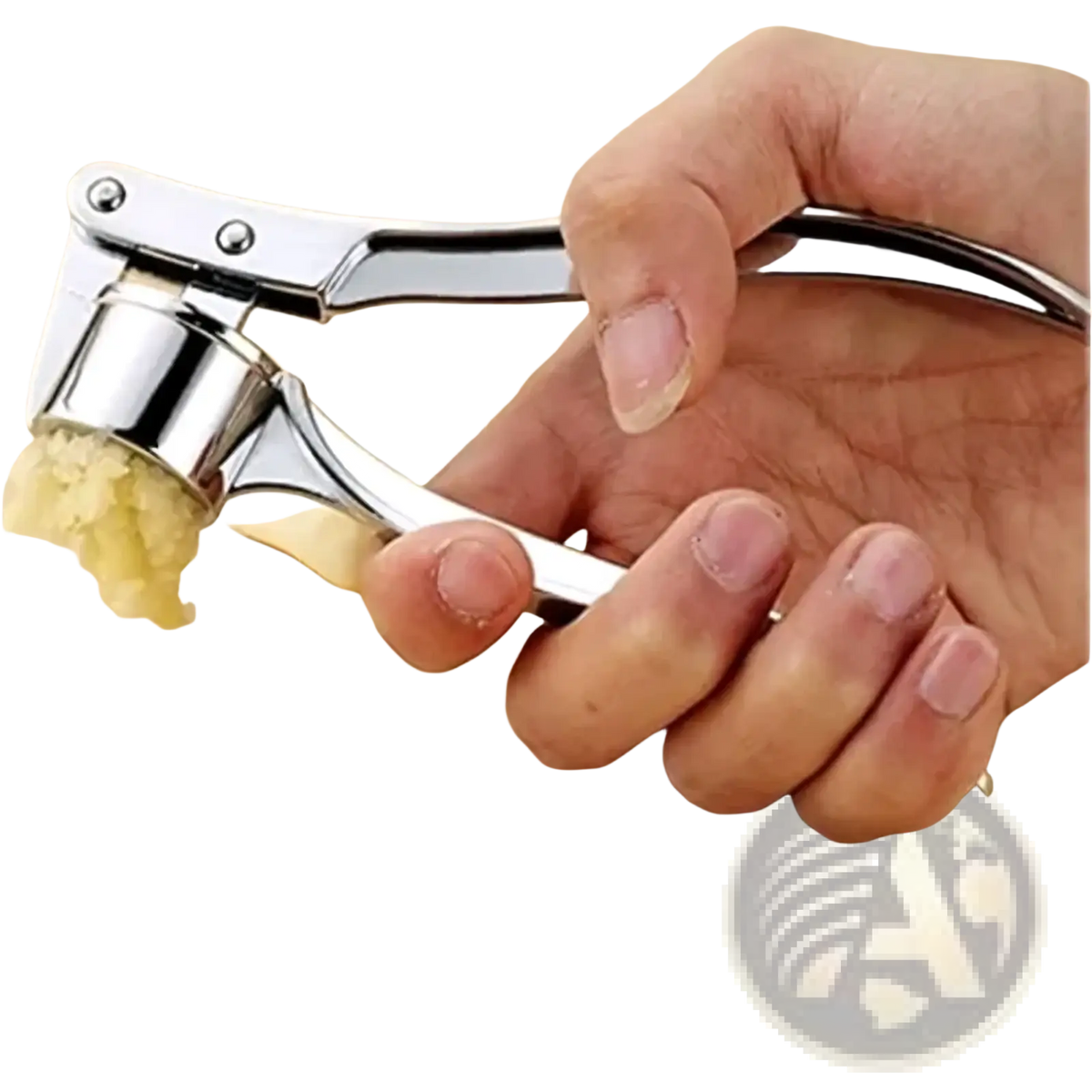 Stainless steel garlic press mincer tool with shiny finish and sleek ergonomic design for efficient crushing