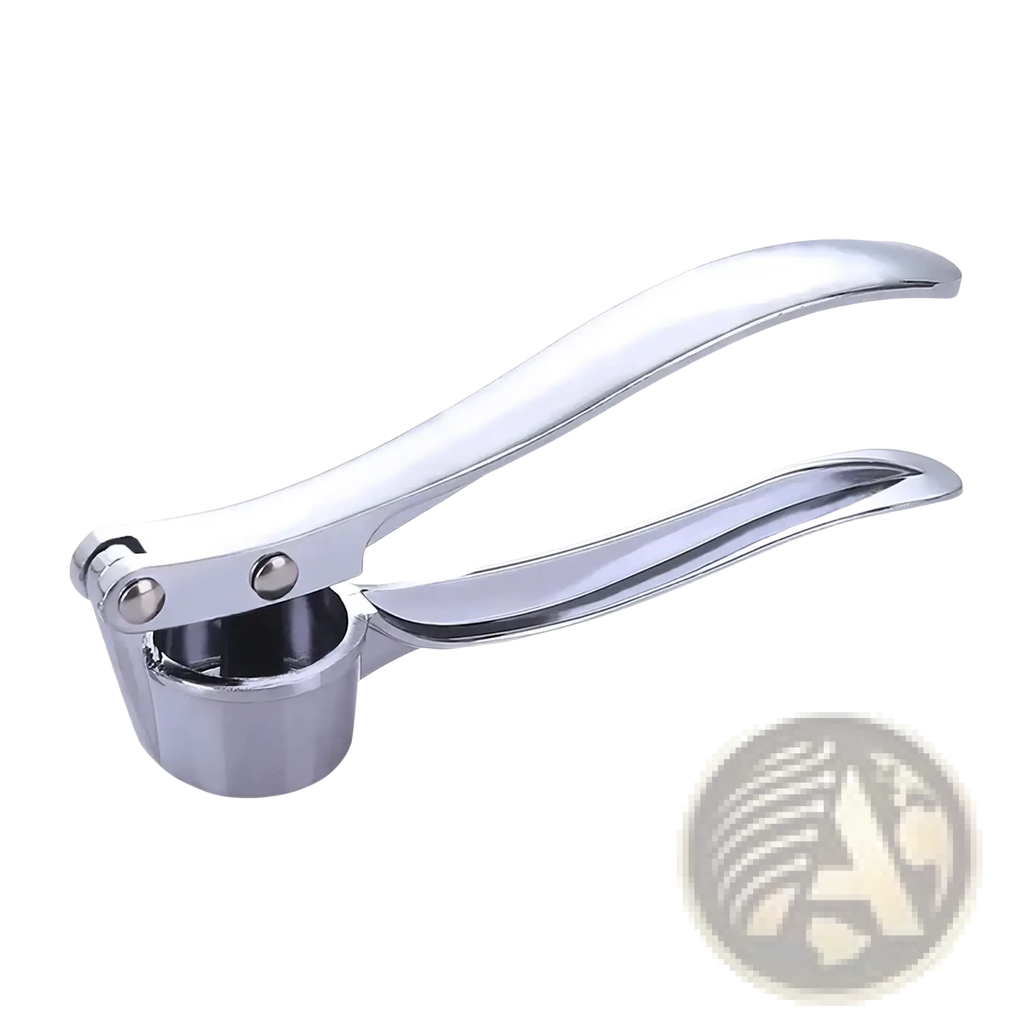 Stainless steel garlic press mincer tool with shiny chrome finish, sleek curved handles, and sturdy cylindrical base