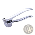 Stainless steel garlic press mincer tool with shiny chrome finish, sleek curved handles, and sturdy cylindrical base