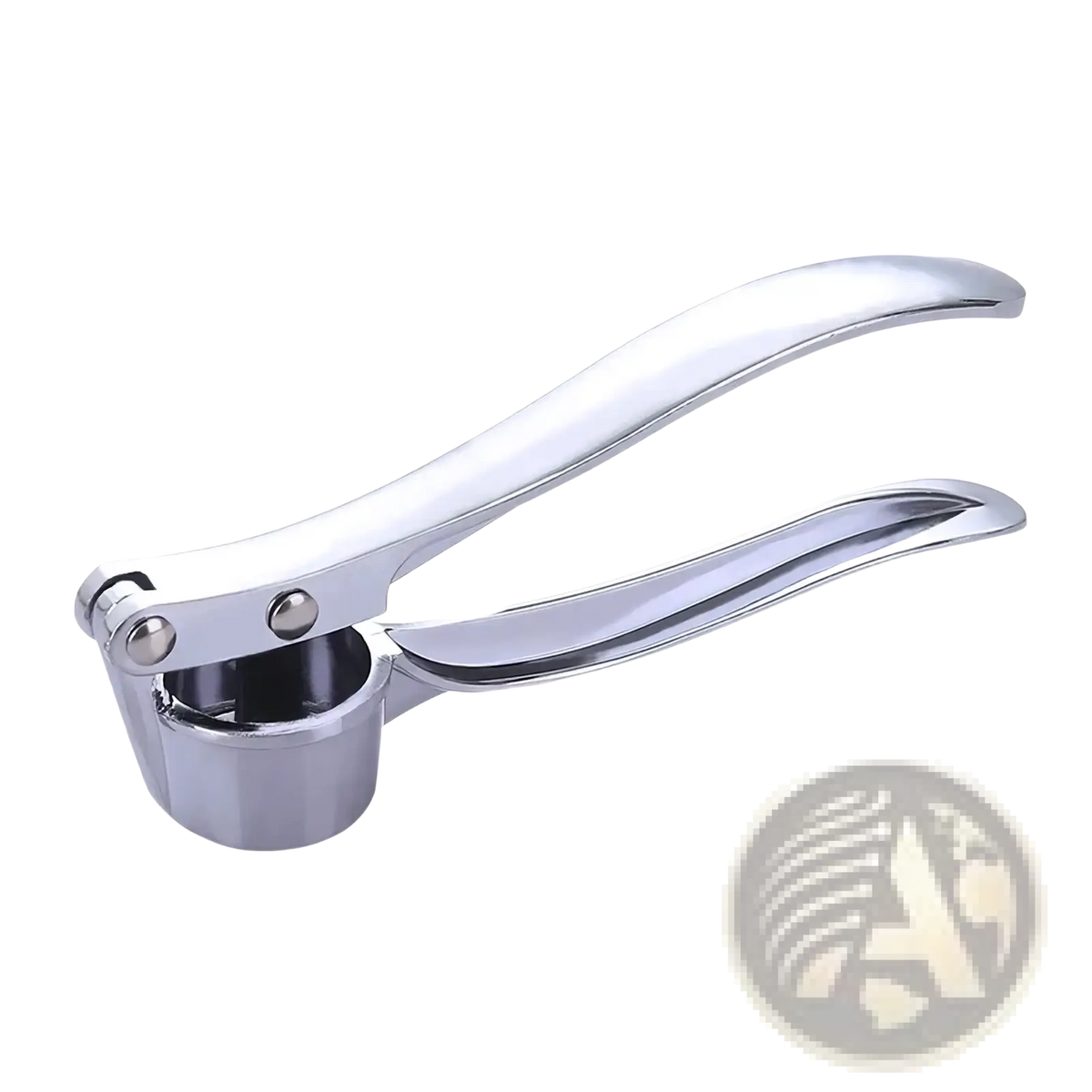 Stainless steel garlic press mincer tool with shiny chrome finish, sleek curved handles, and sturdy cylindrical base