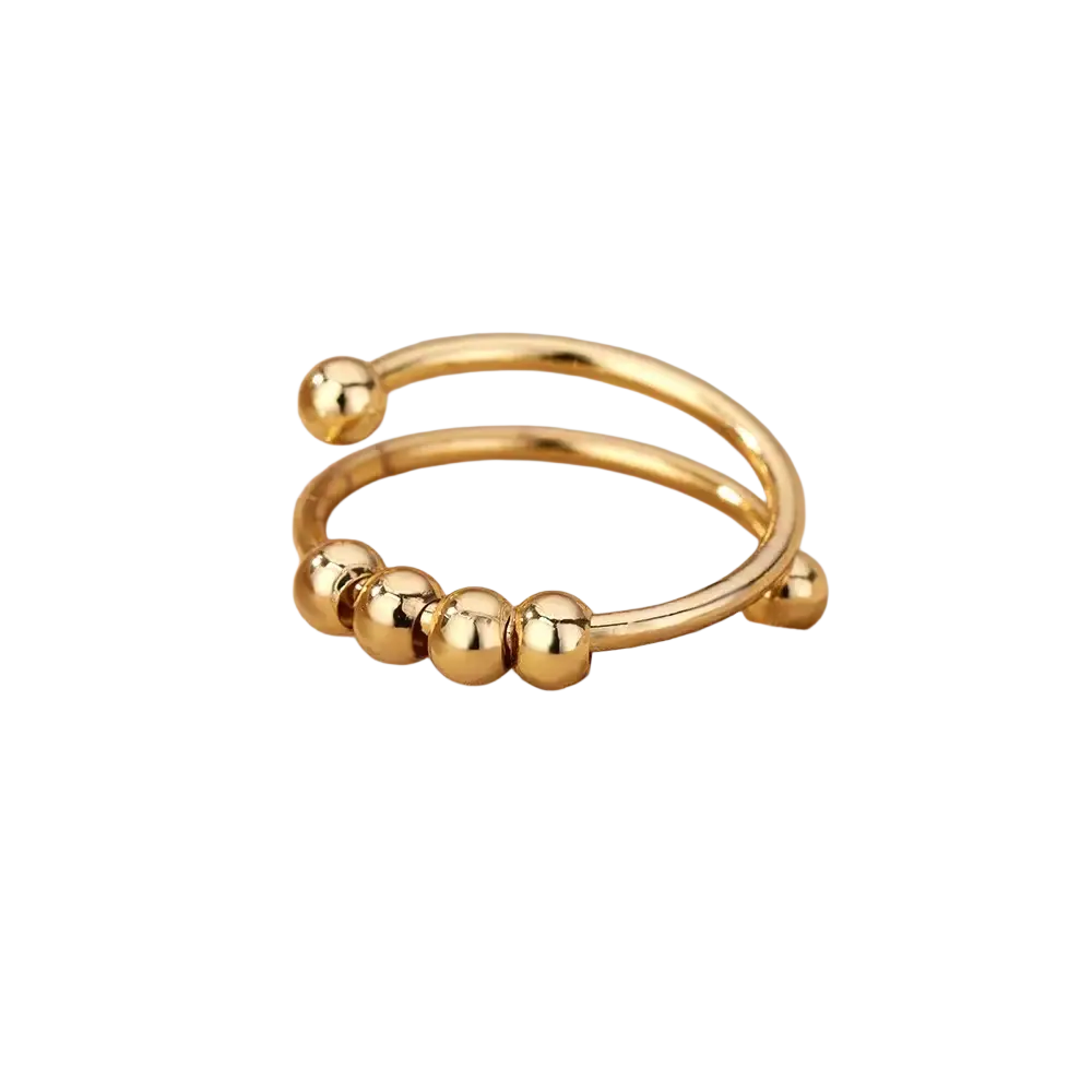 Gold color stainless steel double-loop adjustable ring with five polished beads for vintage wedding jewelry for women