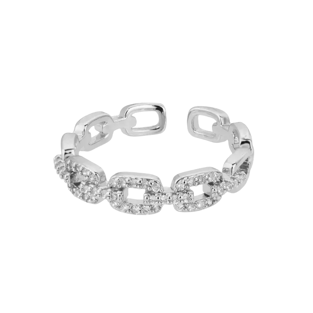 Silver stainless steel chain-link ring adorned with sparkling clear stones for vintage gold color wedding jewelry